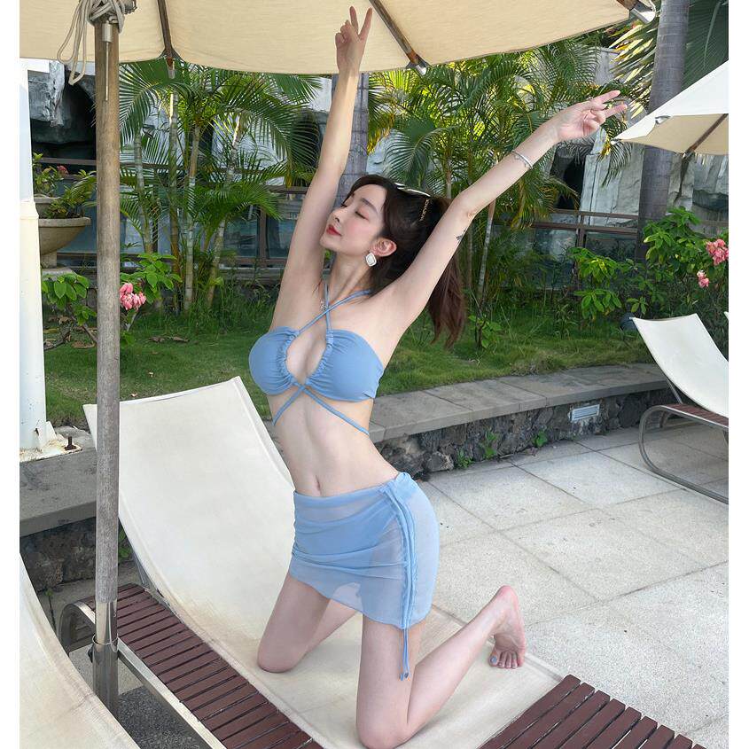 泳衣女性感绑带比基尼三件套分体游泳衣小胸聚拢度假温泉泳装