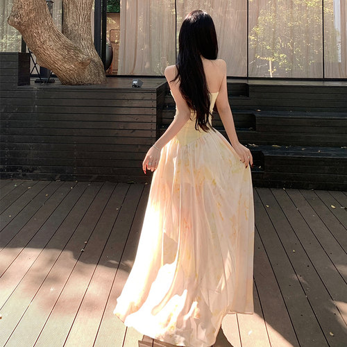 实拍DoggyQin蕾丝拼接印花吊带裙不规则开叉抹胸裙前短后长
