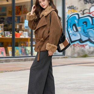 10.7新品 WESTAYONE毛领加厚毛呢大衣外套女士小个子高级+阔腿裤