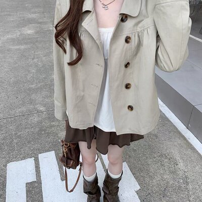 CallmeEar//学院系英伦学院卡其色风衣外套女秋宽松长袖上衣