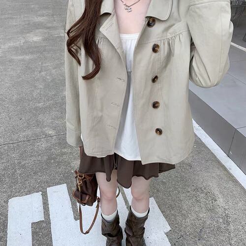 CallmeEar//学院系英伦学院卡其色风衣外套女秋宽松长袖上衣