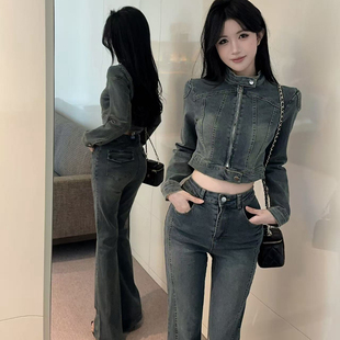 实拍辣妹牛仔套装复古拉链设计感短款外套修身阔腿喇叭长裤两件套