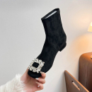 粗跟短靴女2025新款 水钻方扣袜靴气质绒面弹力瘦瘦靴 秋冬百搭法式