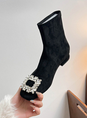 粗跟短靴女2025新款秋冬百搭法式水钻方扣袜靴气质绒面弹力瘦瘦靴
