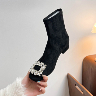 粗跟短靴女2025新款秋冬百搭法式水钻方扣袜靴气质绒面弹力瘦瘦靴