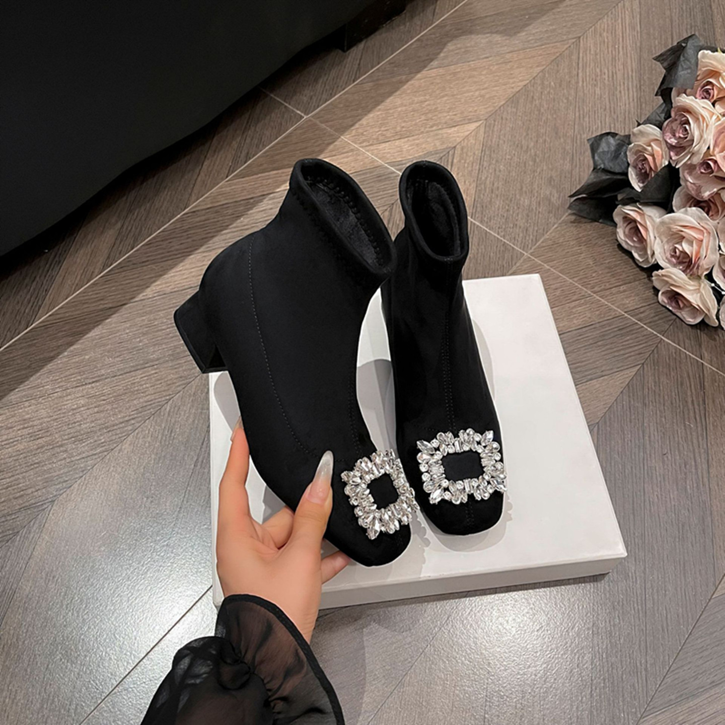 法式中跟瘦瘦靴女2025新款秋冬方头百搭加绒水钻小香风粗跟小短靴,女鞋,时装靴,淘宝优惠券,粉丝福利购,淘宝优惠卷