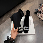 粗跟短靴女2025新款 复古绒面套筒弹力瘦瘦靴 秋冬百搭水钻方头法式