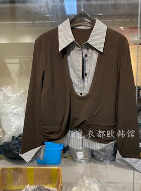 欧洲站2026秋冬新款时尚百搭衬衫翻领扭结假两件加绒显瘦T恤上衣