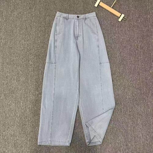 莱赛尔+亚麻+棉，宽松显瘦高腰休闲薄款凉爽垂坠天丝牛仔裤
