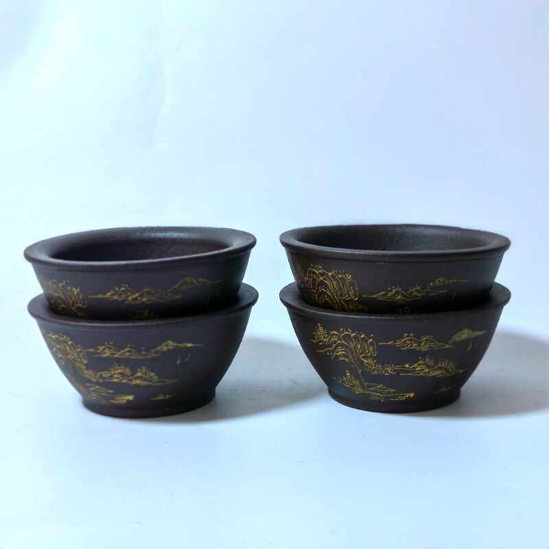 宜兴品茗杯普洱手工刻绘描金紫砂