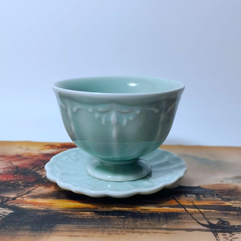 宜兴青瓷170cc雅致小碎花一杯一碟主人杯茶杯茶具品茗杯咖啡杯荐