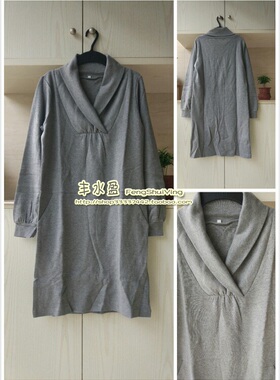 外贸出口灰色纯棉带斜插气质灰修身长袖连衣裙打底裙长T推荐春秋