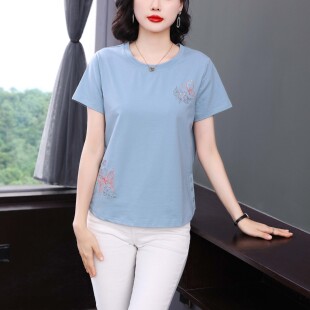 2026夏装新款妈妈纯棉短袖t恤女 中老年宽松遮肚上衣休闲洋气小杉