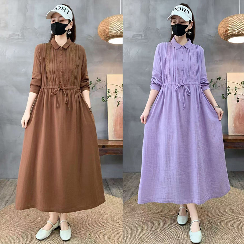 2026春夏棉麻新款大码新中式国风纯色文艺复古连衣裙