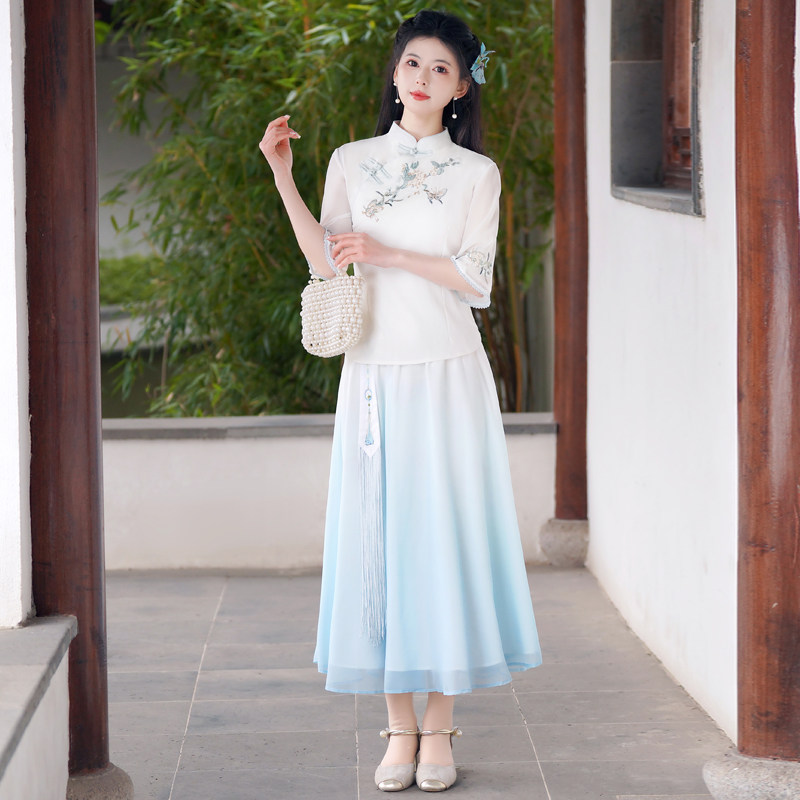 2026春季新款新中式国风棉麻刺绣立领修身茶服上衣雪纺裙套装