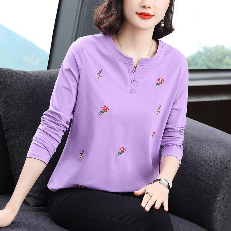 长袖t恤女圆领上衣2026年春装休闲中年纯棉宽松妈妈套头气质