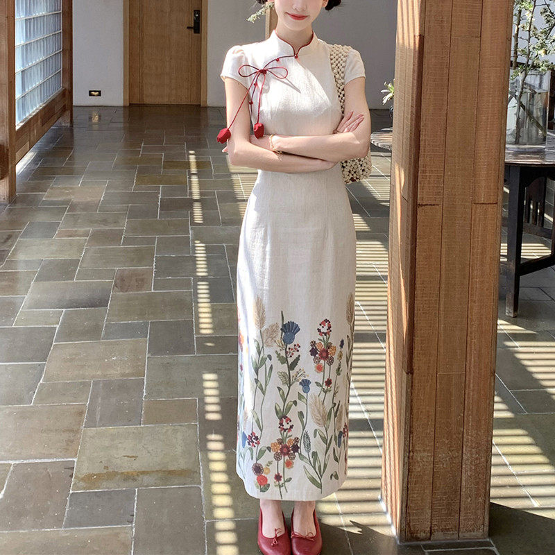 新中式印花棉麻旗袍女2026夏季气质修身显瘦连衣裙配郁金香红头绳