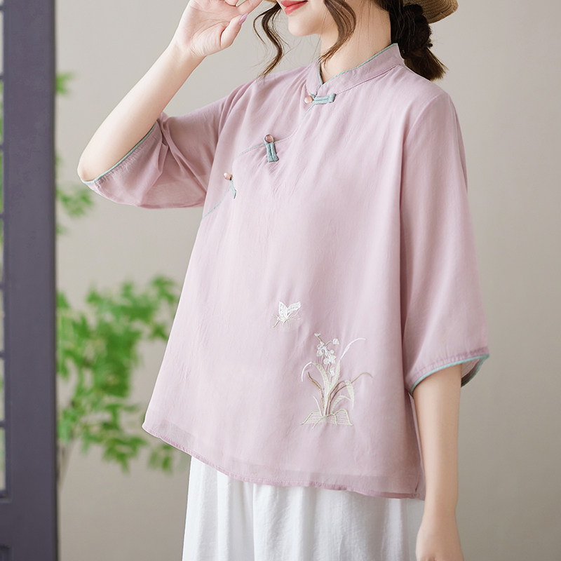 2026中式雪纺绣花衬衫夏季新禅意改良汉服茶服女立领斜襟短款上衣