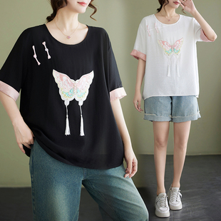 上衣圆领套头T恤 国风文艺绣花宽松短袖 2026夏季 新款