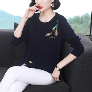 圆领春长袖T恤妈妈装2026新款中老年大码女士宽松遮肚子套头上衣