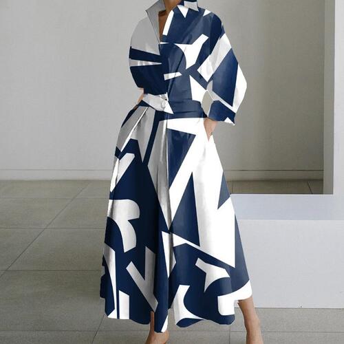 European and American dress, new commuting fashion POLO collar shirt skirt, long-sleeved elastic waist, big swing dress