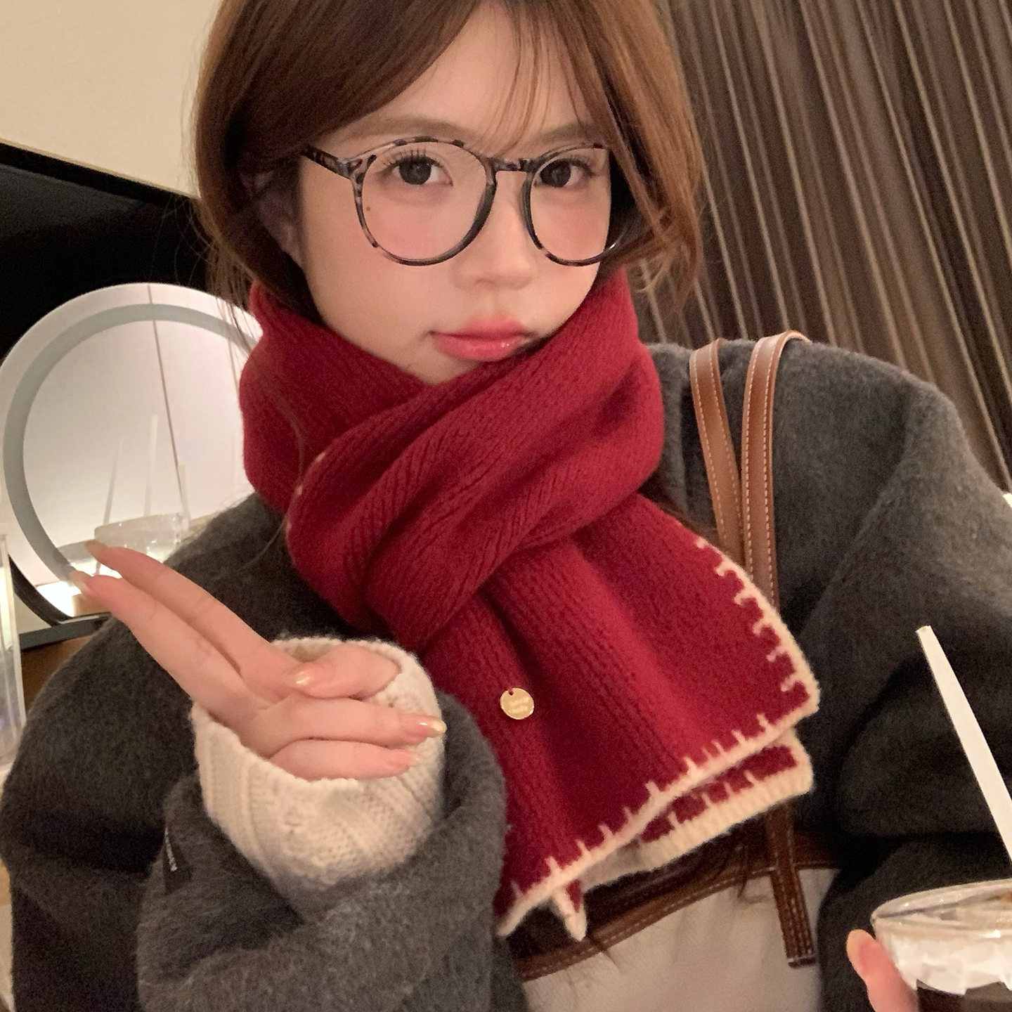 吴皮皮高定版含羊毛高级感红色围巾女冬韩系百搭加厚保暖情侣围脖