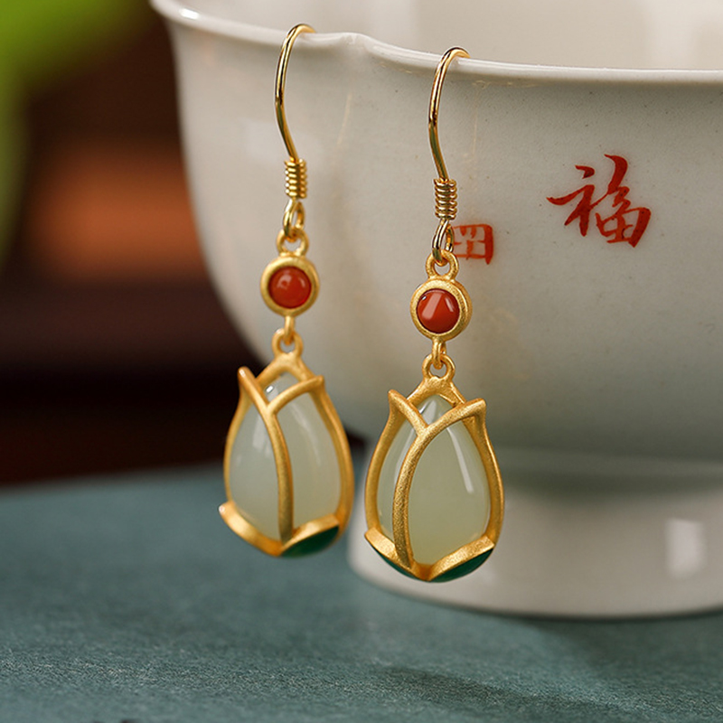 承悦 郁金香耳环 和田玉短款耳饰 南红纯银蚊香盘耳夹假耳环