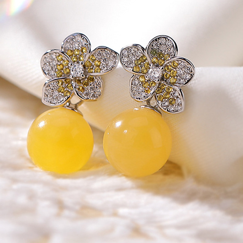 承悦 看不出来是耳夹天然蜜蜡耳钉925纯银花朵琥珀耳环蚊香盘耳夹