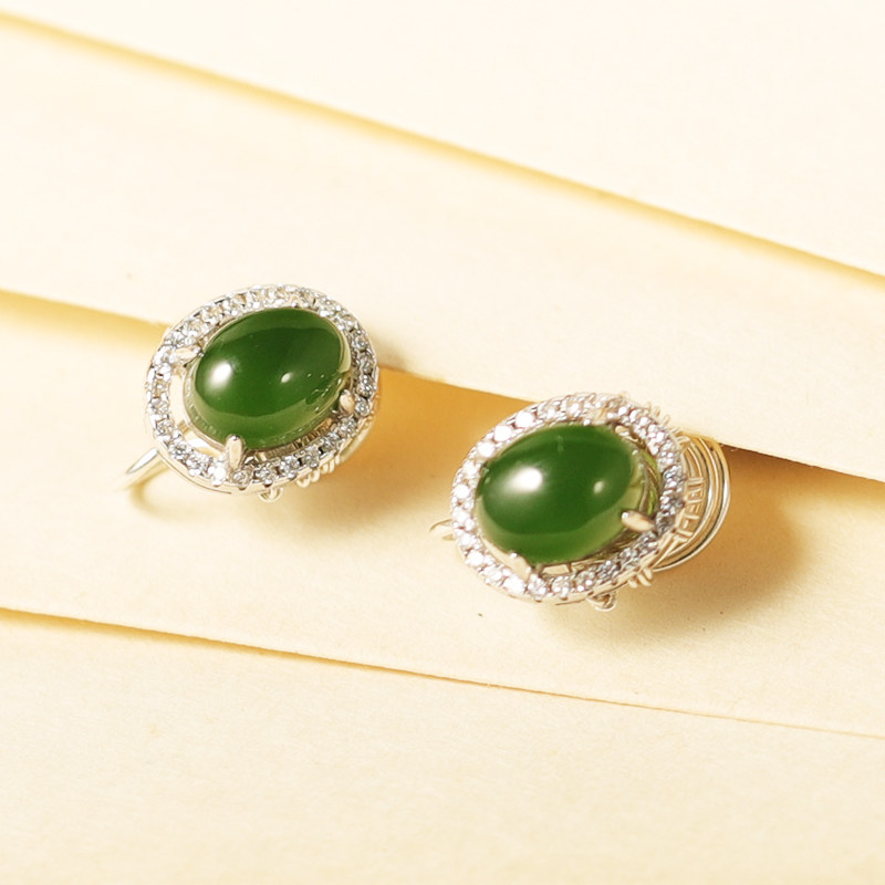 碧玉耳钉原创设计蚊香盘耳夹简约女925纯银和田玉耳环 珠宝