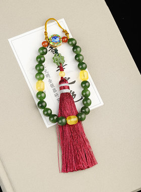 承悦 和田玉碧玉波菜绿十八子 四叶草吊坠手串佛珠 蓝莲花烧蓝