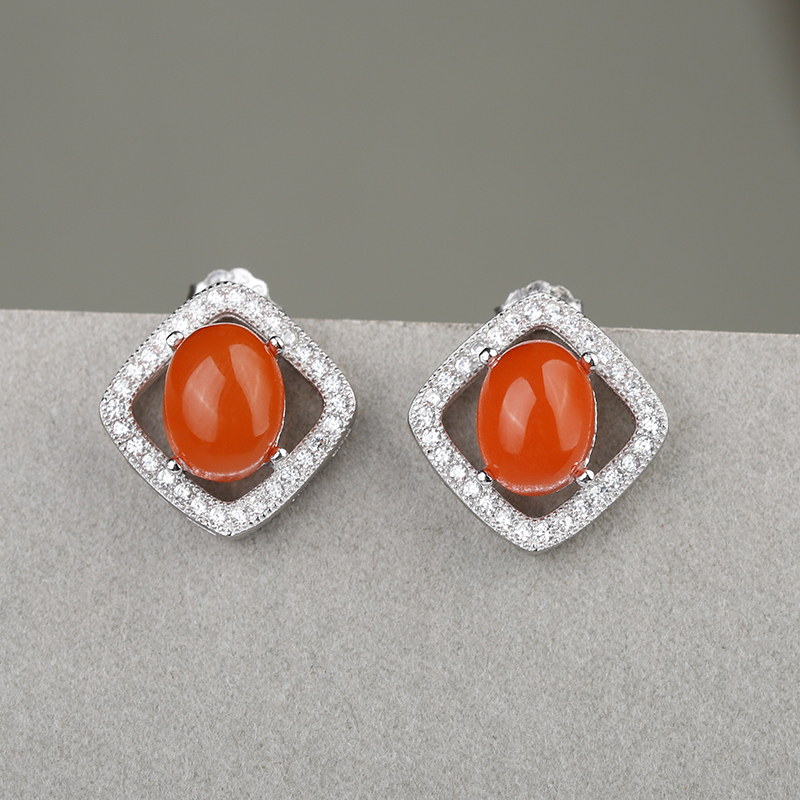 承悦菱形南红耳夹 大气时尚百搭耳环 纯银玉石耳饰 蚊香盘耳夹