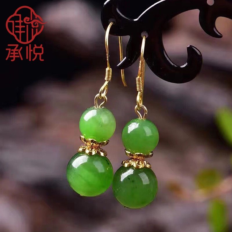 承悦天然碧玉大气耳夹苹果绿纯银长款耳坠波菜绿耳饰葫芦玉耳环