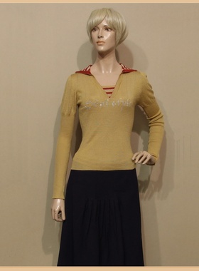 品牌女装样衣迪妮芥末黄色羊毛混纺弹力翻领针织套头衫春夏款