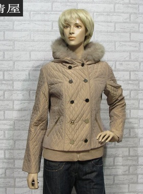 依兰ELANIE女装杏色棉衣冬季保暖狐狸毛领连帽双排扣修身短款长袖