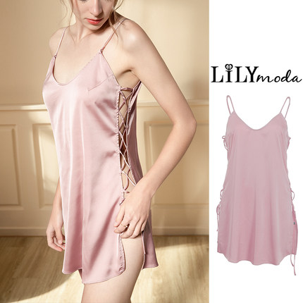 睡裙女夏季款吊带无袖性感镂空私房诱惑中长款纯色仿真丝家居服