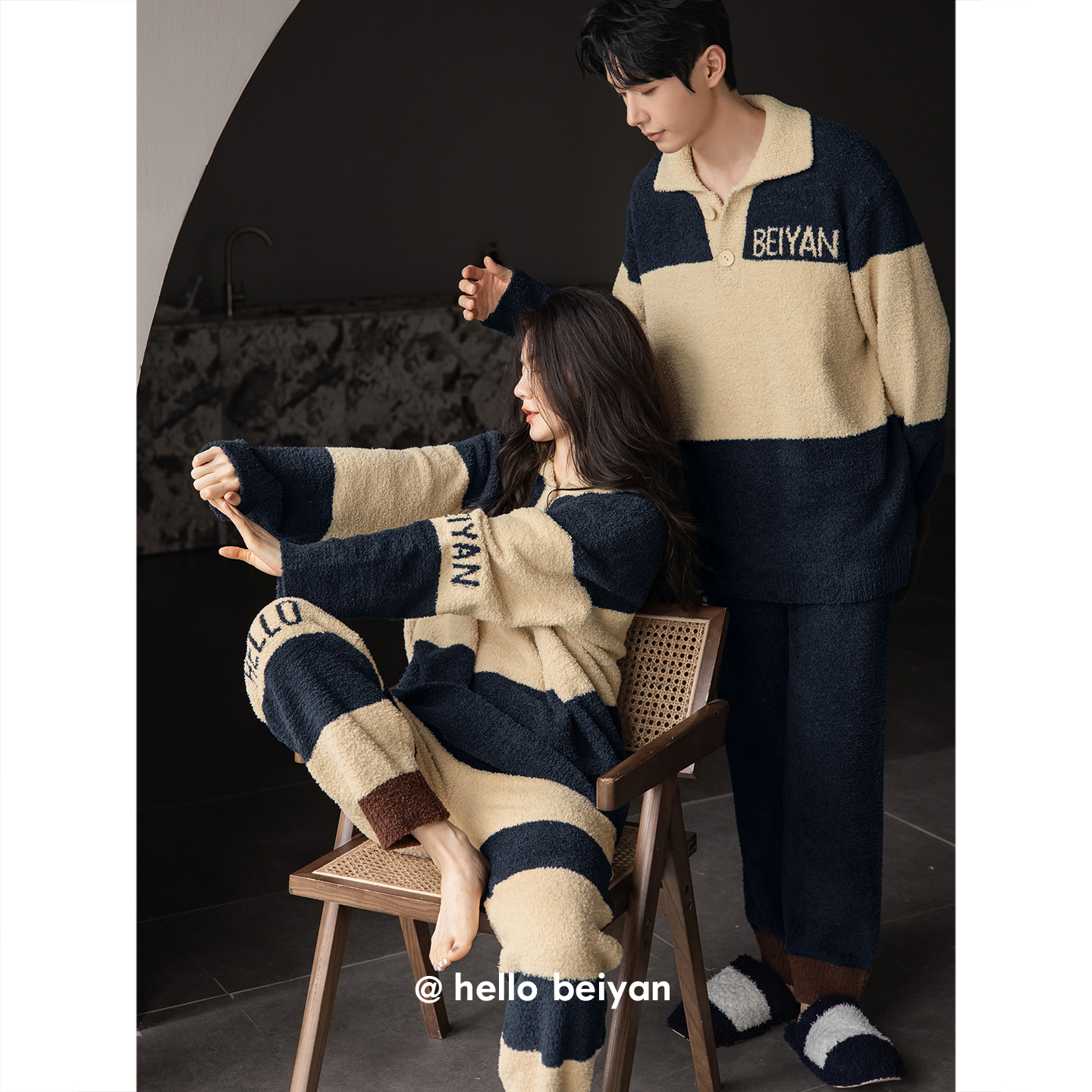 柔软半边绒睡衣情侣款秋冬家居服