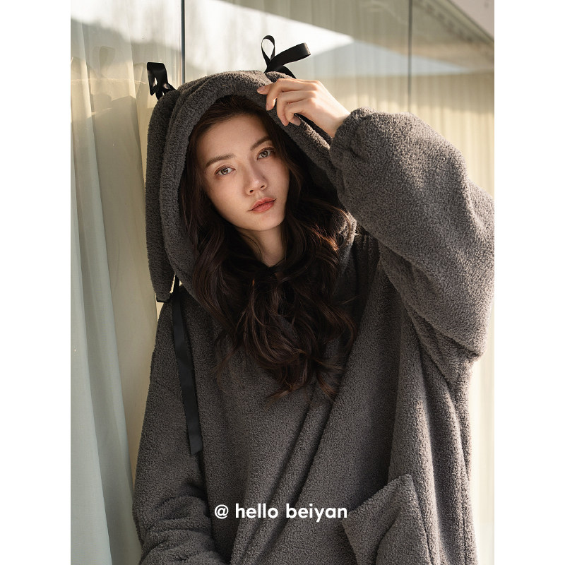 珊瑚绒睡裙秋冬季保暖连帽女士睡衣可外穿宽松大码中长款连衣裙