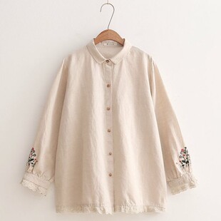 衬衫 百搭上衣甜美简约蕾丝打底衣棉麻翻领长袖 新款 孕妇衬衣春秋季