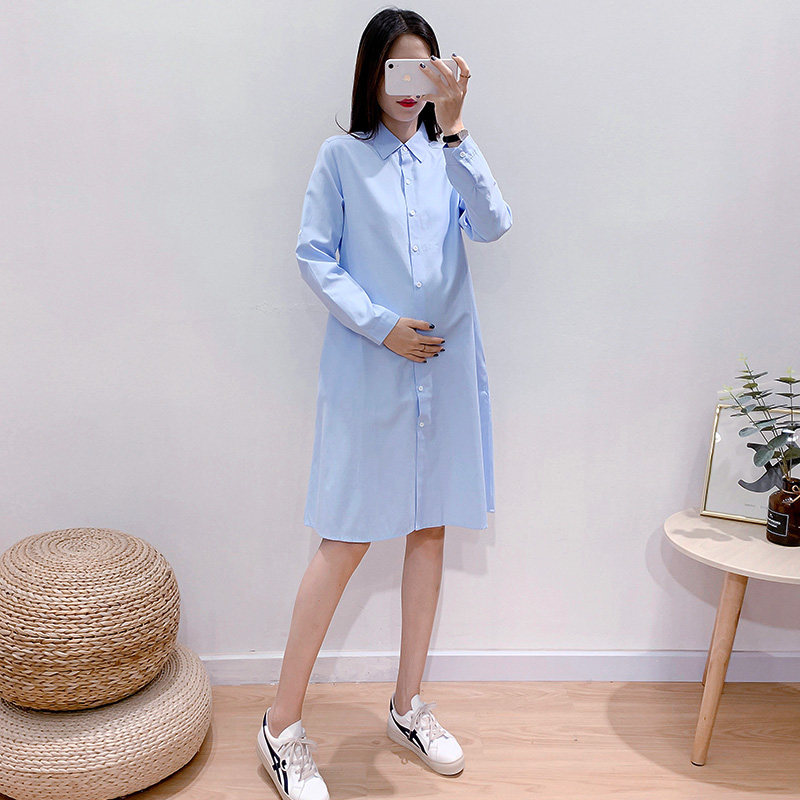 MATERNITY SHIRT SPRING AUTUMN NEW LONG SLEEVE BLUE PROFESSIONAL WEAR FASHION OVERALLS SOLID COLOR LAPEL LONG SHIRT DRESS
