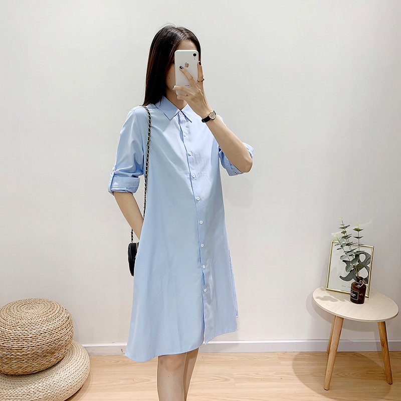 MATERNITY SHIRT SPRING AUTUMN NEW LONG SLEEVE BLUE PROFESSIONAL WEAR FASHION OVERALLS SOLID COLOR LAPEL LONG SHIRT DRESS