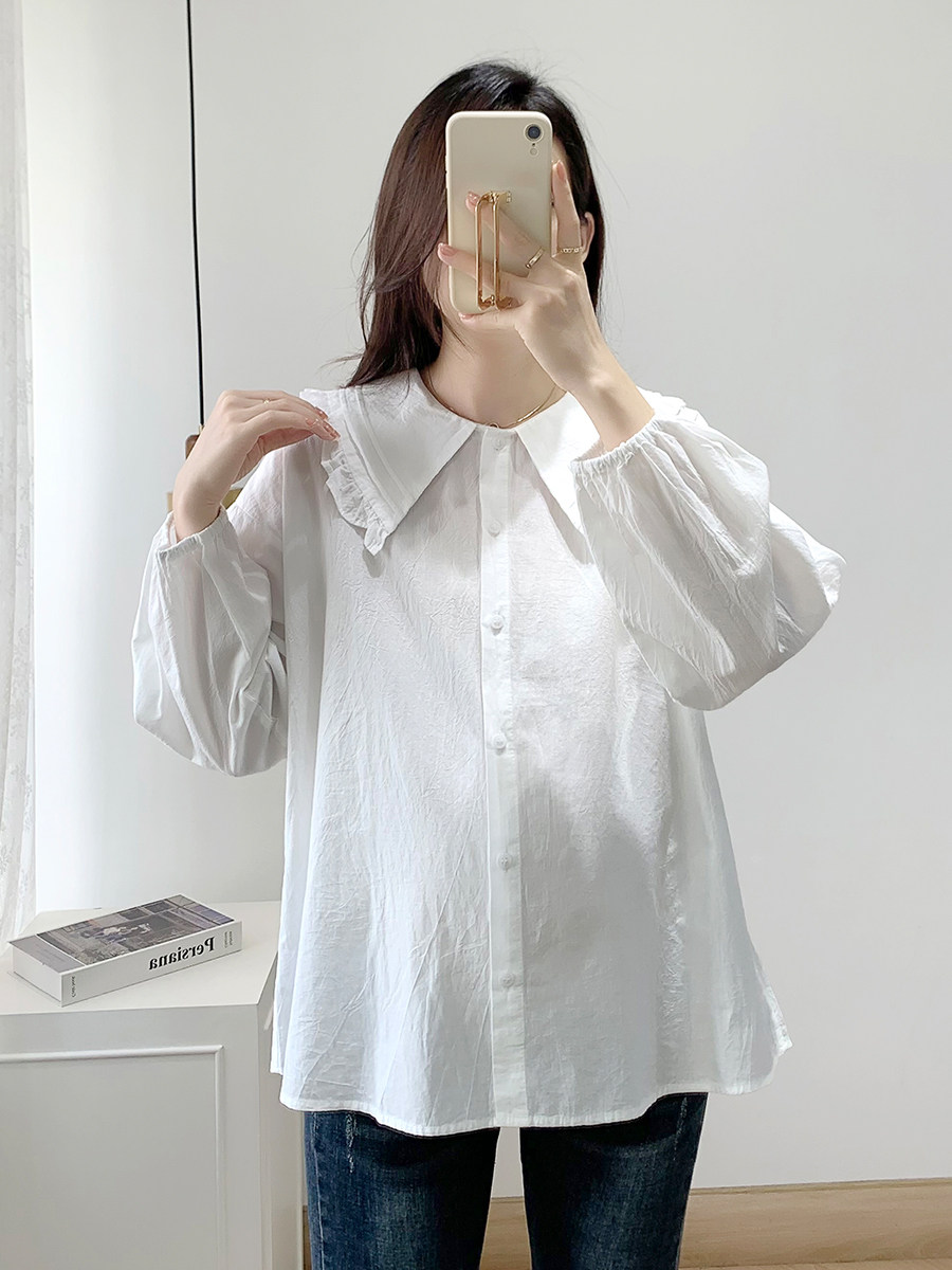 MATERNITY SHIRT SPRING AND AUTUMN CLOTHES PLUS SIZE LONG SLEEVE BABYDOLL COLLAR WHITE TOP LOOSE LAPEL BABYDOLL SHIRT BASE SHIRT