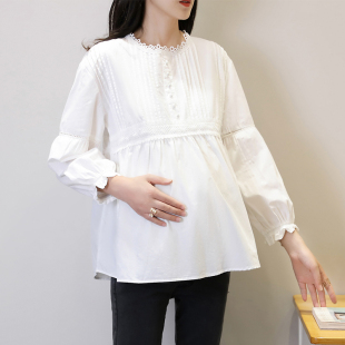 新款 百搭女纯棉衬衫 九分袖 宽松衬衣时尚 打底衣大码 孕妇上衣春秋装