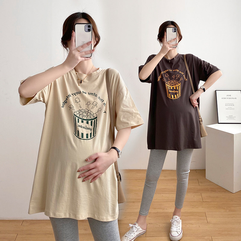 孕妇夏季新款短袖T恤大码宽松纯棉中长款上衣时尚百搭印花体恤裙