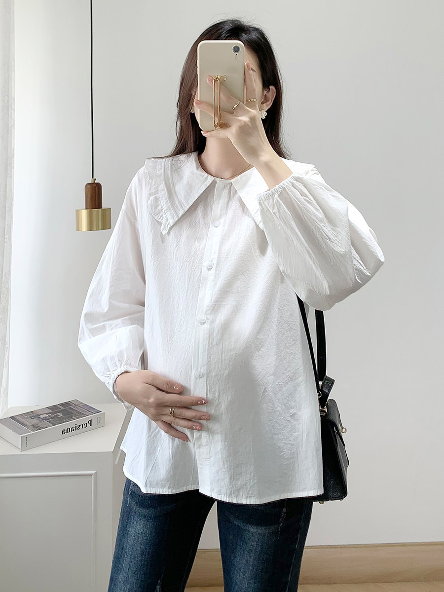 MATERNITY SHIRT SPRING AND AUTUMN CLOTHES PLUS SIZE LONG SLEEVE BABYDOLL COLLAR WHITE TOP LOOSE LAPEL BABYDOLL SHIRT BASE SHIRT