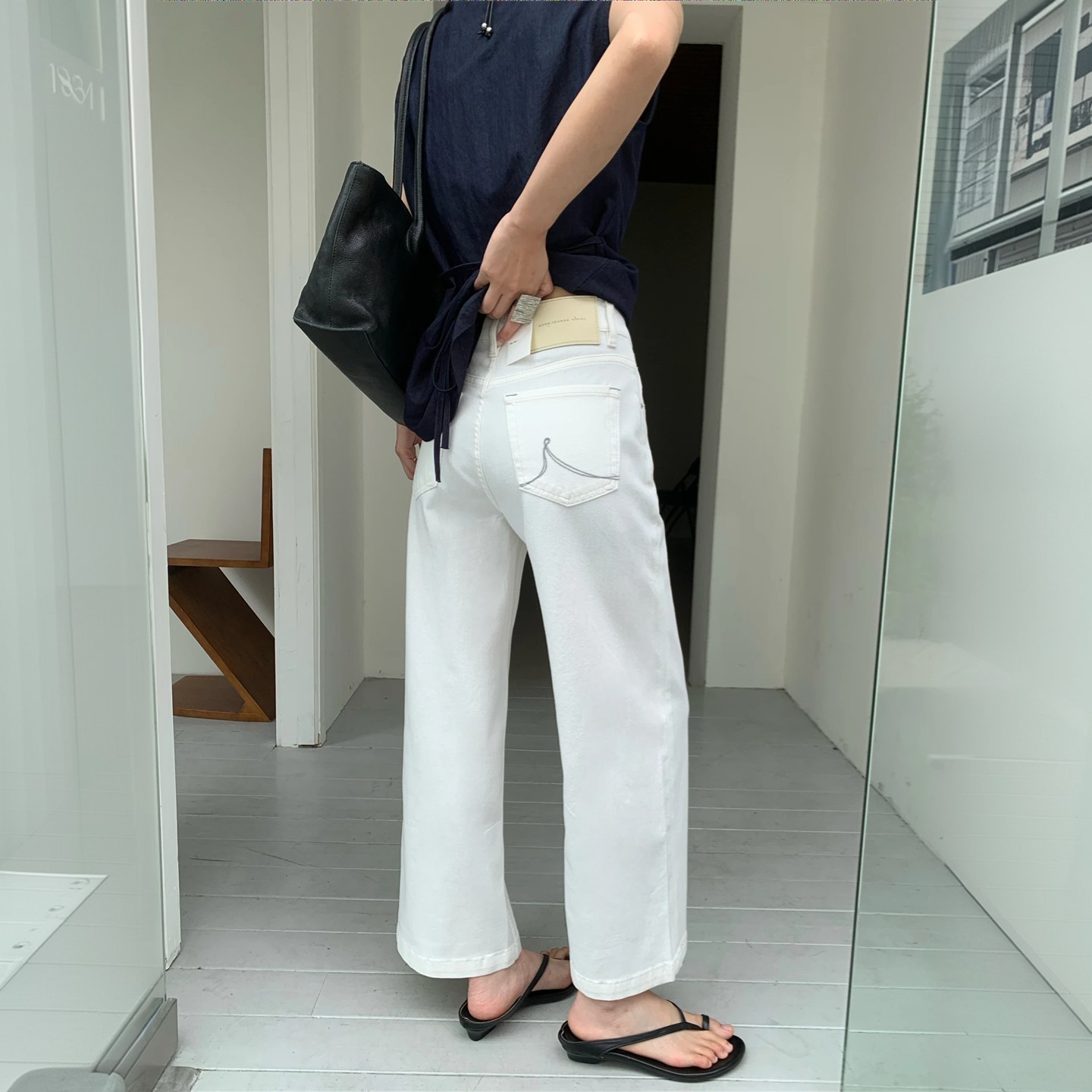 SMX牛仔裤女2025年夏季薄款高腰九分弹力宽边白色阔腿奶奶裤67661