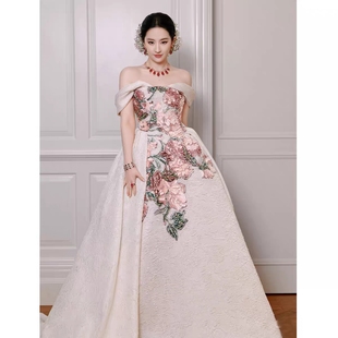 超仙一字肩公主蓬裙刘亦菲同款显瘦手工钉珠奢华名媛晚礼服定制