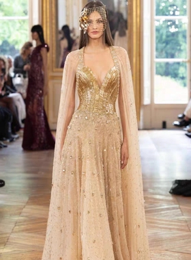 定制白鹿明星同款金色全手工缝重工钉珠晚礼服 年会生日时尚女裙