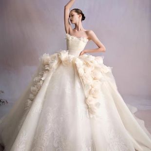 WANGFENG 蕾丝立体花朵拖尾酒店迎宾纱 BRIDAL抹胸主婚纱2025新款