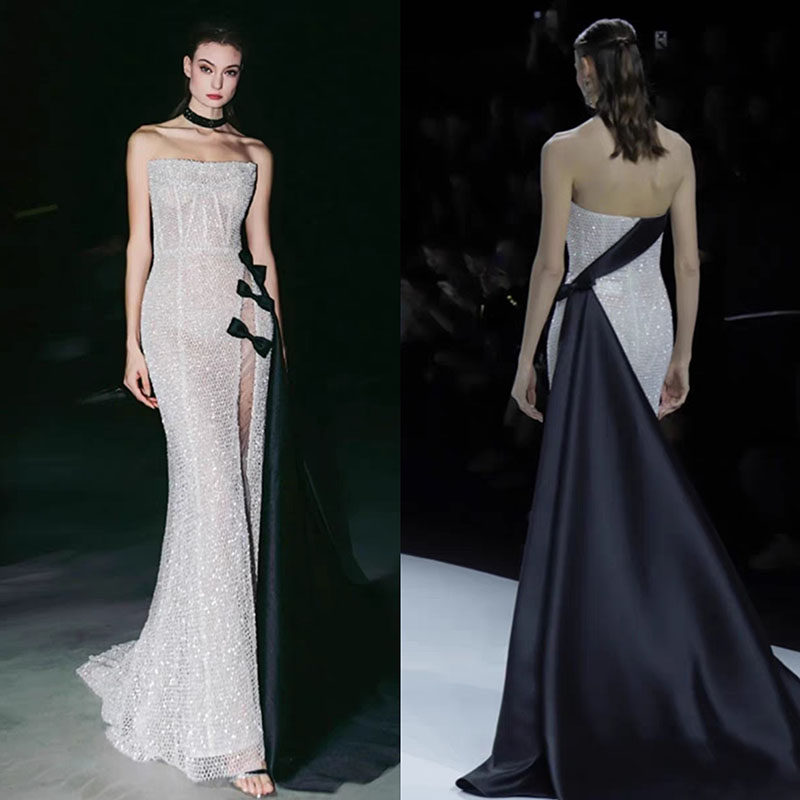 新款大童模特走秀罗马假日主题演出服 鱼尾开衩透视亮钻晚礼服