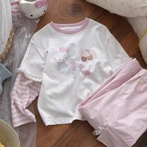 女宝宝2026新款女童假两件长袖T恤衫春秋韩版卡通KT猫咪印花上衣T